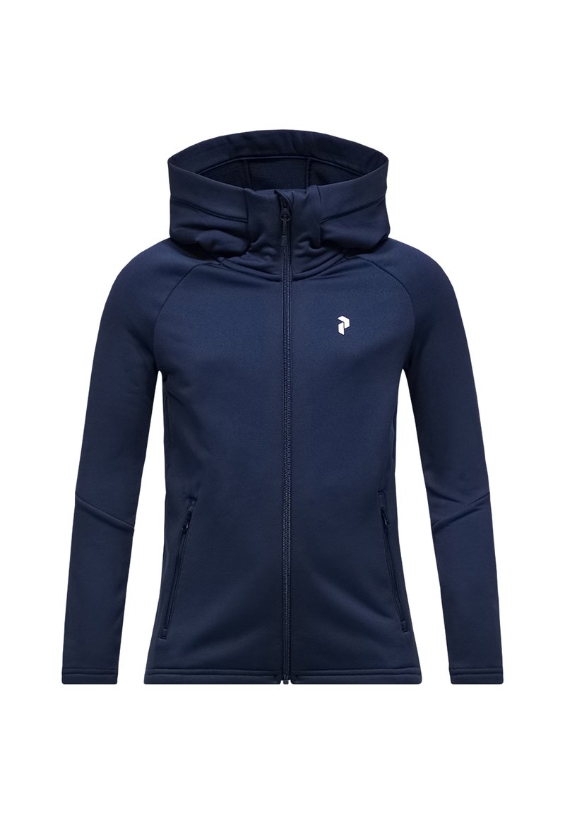 Felpa con zip di colore blu navy, caratterizzata da un alto colletto, tasche laterali e un logo bianco sul lato sinistro del petto, realizzata in un tessuto morbido e flessibile.