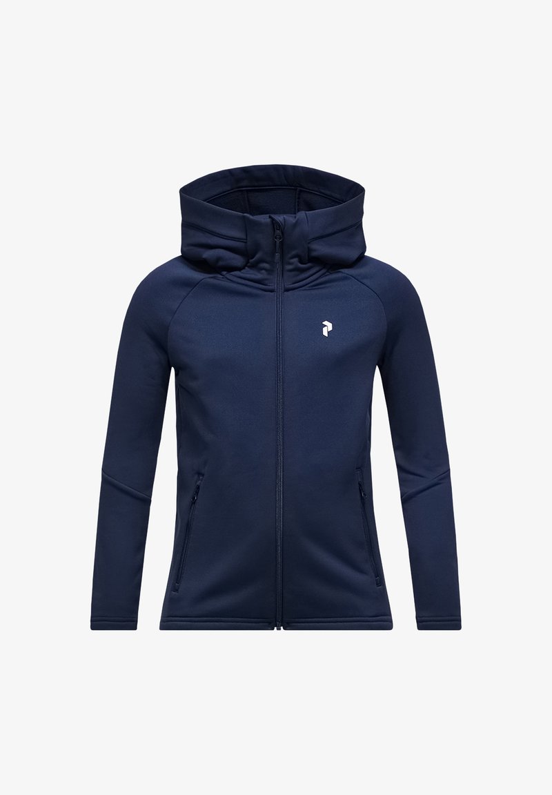 Felpa con zip di colore blu navy, caratterizzata da un alto colletto, tasche laterali e un logo bianco sul lato sinistro del petto, realizzata in un tessuto morbido e flessibile.