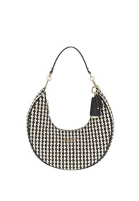 Sac rond en noir et blanc avec un motif tissé. Équipé de quincaillerie dorée et d'une bandoulière en cuir noir avec un pompon décoratif.