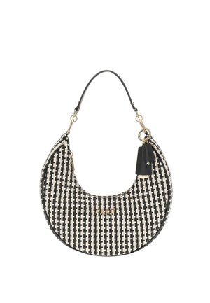 Borsa a spalla rotonda con motivo intrecciato bianco e nero. Presenta dettagli in metallo dorato e una tracolla in pelle nera con nappina decorativa.