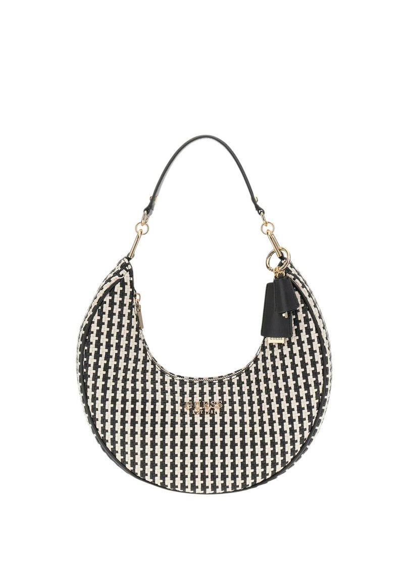 Sac rond en noir et blanc avec un motif tissé. Équipé de quincaillerie dorée et d'une bandoulière en cuir noir avec un pompon décoratif.