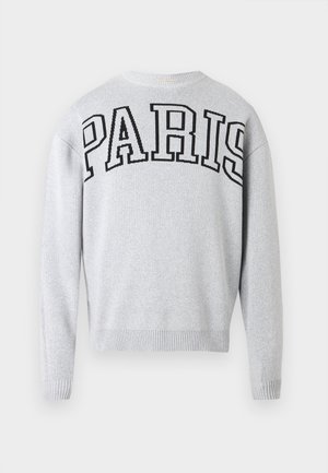 Hall halli kootud kampsun, mille seljal on musta tikandina kiri "PARIIS", varustatud soonikkoes ääre ja mansettidega, lõdva istuvusega.