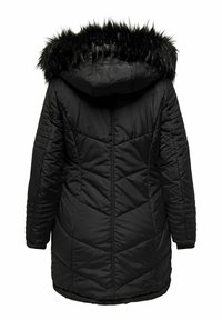 Zwarte doorgestikte lange winterjas met vaste capuchon en zwarte imitatiebont afwerking, gezien van achteren.