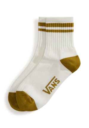 Weiße Baumwollsocken mit olivgrünen Akzenten an Ferse und Zehen. Mit doppelten goldenen Streifen an der Oberseite und dem "VANS"-Logo in Gold.