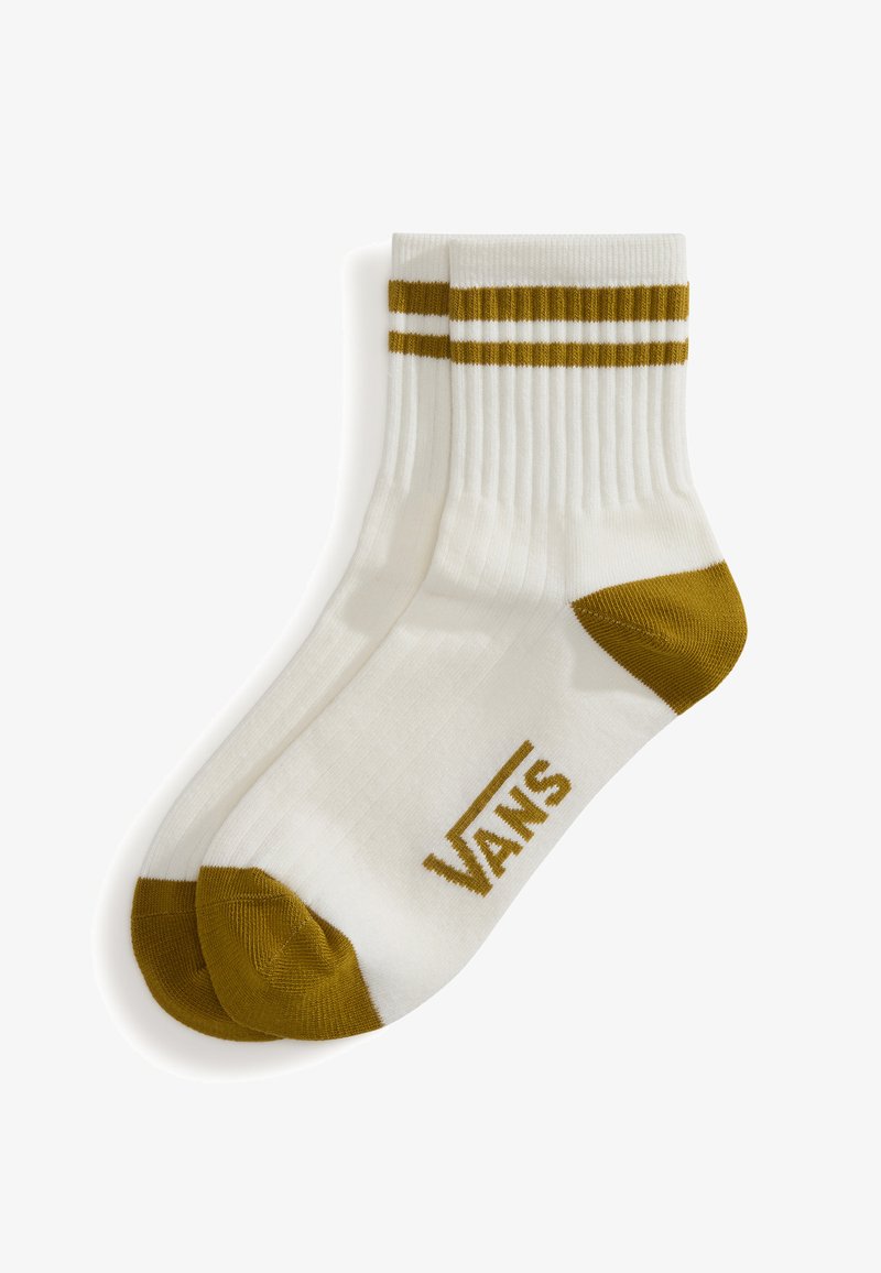 Weiße Baumwollsocken mit olivgrünen Akzenten an Ferse und Zehen. Mit doppelten goldenen Streifen an der Oberseite und dem "VANS"-Logo in Gold.