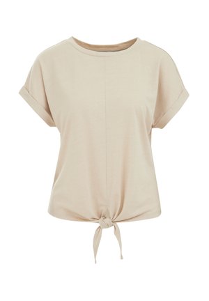 Beige kortärmad T-shirt i mjukt tyg med rund halsringning och knuten nederdel fram. Slät textur, avslappnad passform.