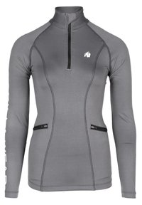 Grijze lange mouwen pullover met een halve rits kraag, voorzien van gestikte zoomdetails en twee ritszakken aan de voorkant.