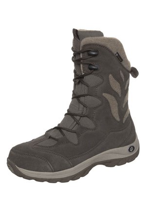 Graue Stiefel bis zur Mitte der Waden mit einem Design aus gemischten Materialien, das Wildleder und strukturierten Stoff umfasst; Schnürung vorne und konturierte Gummisohlen für besseren Halt.