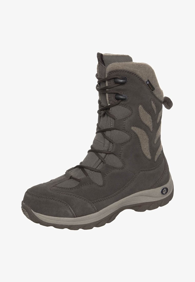 Grå halvboots av medellängd med en design i blandade material, som inkluderar mocka och texturerad tyg; snörning framtill och formade gummisålar för bra grepp.