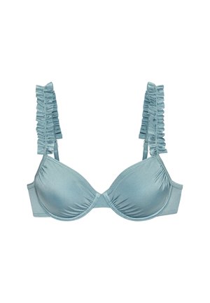 Φως γαλάζιο σατέν σουτιέν με ενισχυμένα κύπελλα και σούρες ραμμένες στους ιμάντες των ώμων, απεικονιζόμενο σε λευκό φόντο.