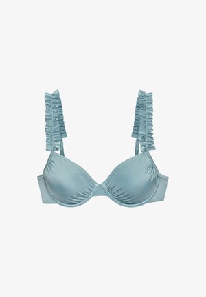 Soutien-gorge en satin bleu clair avec bonnets à armatures et bretelles froncées et volantées, présenté sur fond blanc.