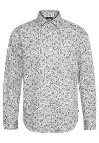 Vit skjorta med knappar, grön blommönster, långa ärmar och krage. Har ljusa knappar och en skräddarsydd passform.