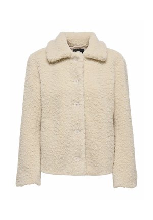 Cremfarbener Fleece-Jacke mit kragenähnlichem Hals, strukturiertem Stoff, vorderer Knopfverschluss und langen Ärmeln. Entworfen für Wärme und Komfort.