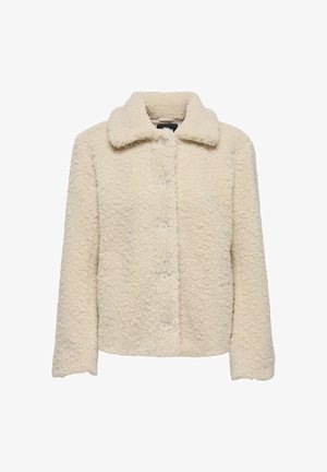 Cremfarbener Fleece-Jacke mit kragenähnlichem Hals, strukturiertem Stoff, vorderer Knopfverschluss und langen Ärmeln. Entworfen für Wärme und Komfort.