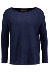 Granatowy sweter z szerokim dekoltem w łódkę, długimi prążkowanymi rękawami i gładką teksturą korpusu. Materiał wydaje się miękki i lekki.