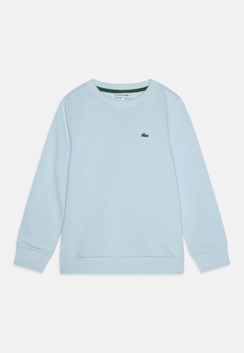 Sudadera azul clara de tejido de mezcla de algodón. Puños y dobladillo acanalados, cuello redondo, con un pequeño logo verde en el lado izquierdo del pecho.
