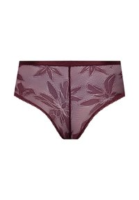 Burgundowe koronkowe figi z haftem kwiatowym na siateczkowym tle, z gładką talią i falbaniastymi krawędziami.