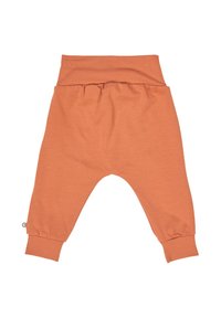 Oranje katoen harem pantalons met een brede tailleband, geplooide details en taps toelopende manchetten. Zachte textuur, casual ontwerp voor comfort.