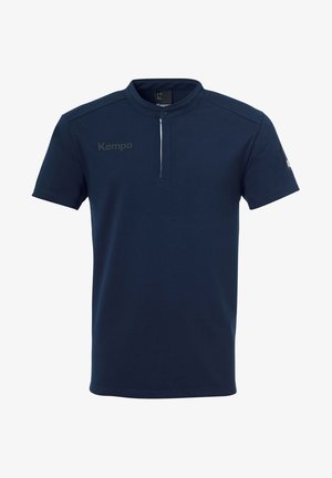 Navy polo shirt met korte mouwen, gemaakt van glad stoff, voorzien van een hoge kraag, een gedeeltelijke knoopsluiting en een subtiele logo op de borst.