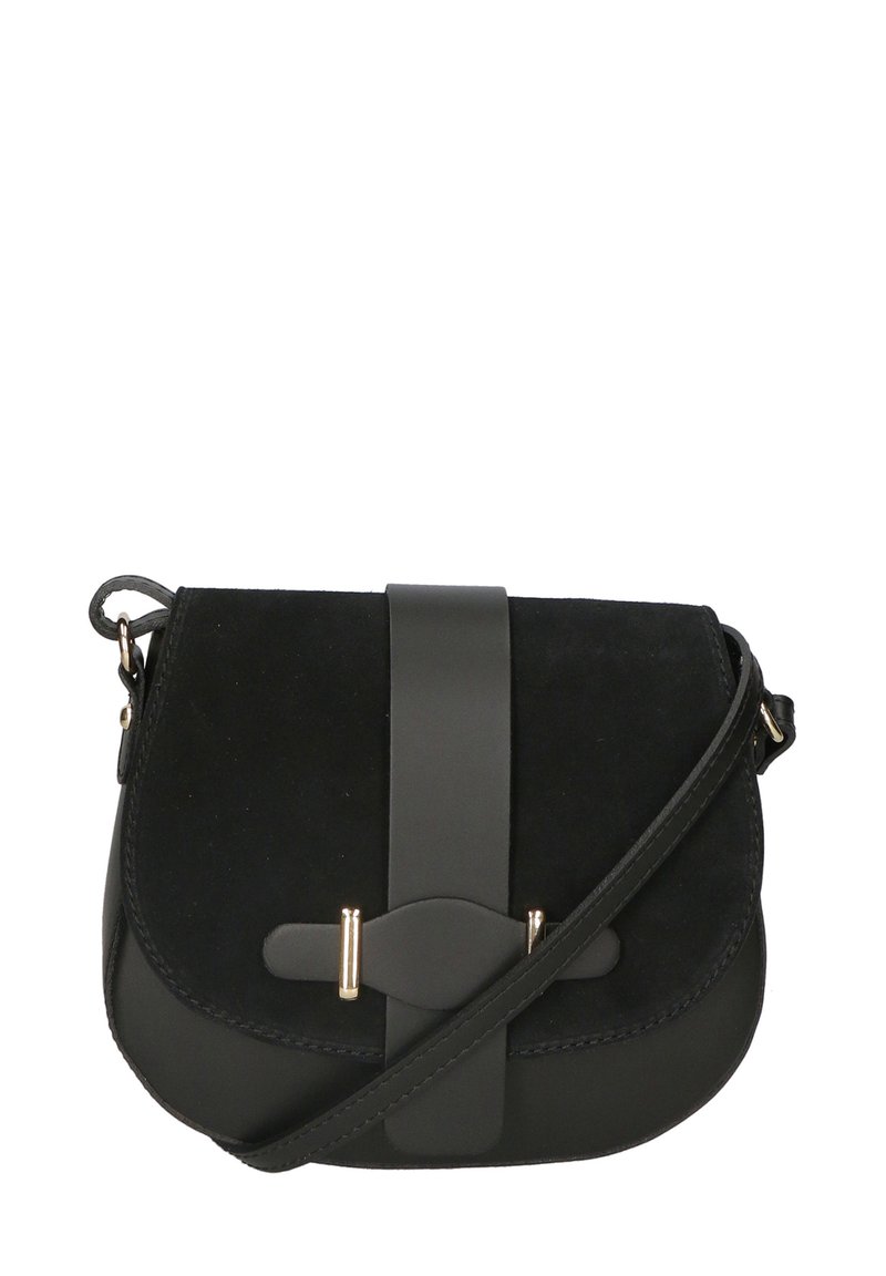 Borsa a tracolla in pelle scamosciata nera e pelle, con patta, dettagli centrali con cinghia, hardware dorato e superficie testurizzata.