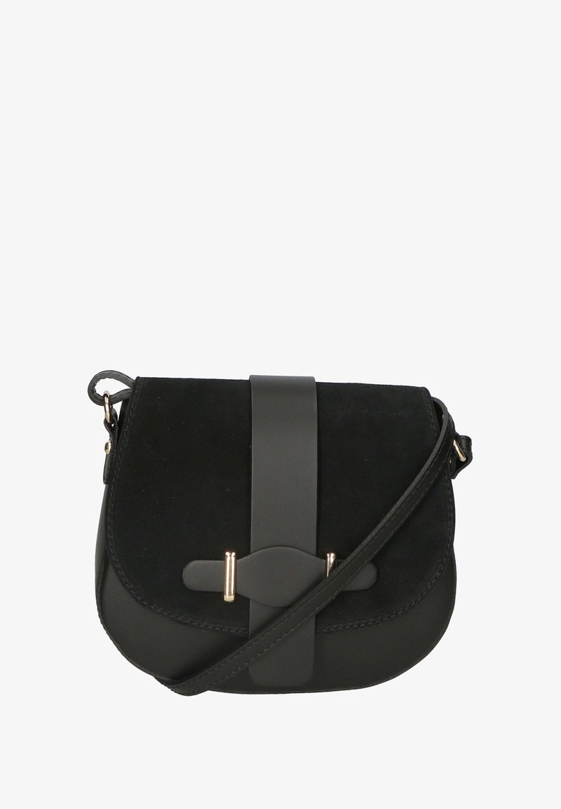 Borsa a tracolla in pelle scamosciata nera e pelle, con patta, dettagli centrali con cinghia, hardware dorato e superficie testurizzata.