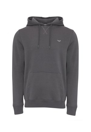 Gray hoodie made from soft fabric, featuring a kangaroo pocket, adjustable drawstrings, and a small logo on the chest.