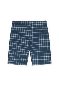 Marineblaue Baumwollshorts mit einem Karomuster in Hellblau und Weiß. Elastischer Bund mit lässiger Passform. Flache, glatte Textur.