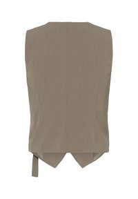 Top brez rokavov barve taupe z gladko teksturo, z V-izrezom na hrbtni strani in nastavljivim trakom v pasu.