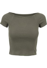 Olivově zelený žebrovaný crop top s krátkými rukávy, širokým výstřihem a přiléhavým siluetu. Měkká textura a minimalistický design bez ozdob.