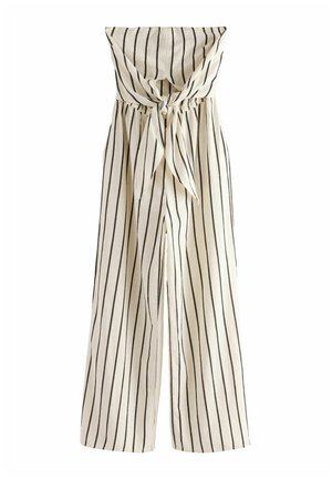 Gestreepte jumpsuit met bandeau-top, geknoopte voorkant, wijde benen, gemaakt van een lichtgewicht stof in crème met zwarte verticale strepen.