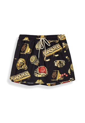 Pantaloncini neri con coulisse bianca, decorati con motivi dorati e rossi che includono anelli, teschi, volti ed elementi testuali.