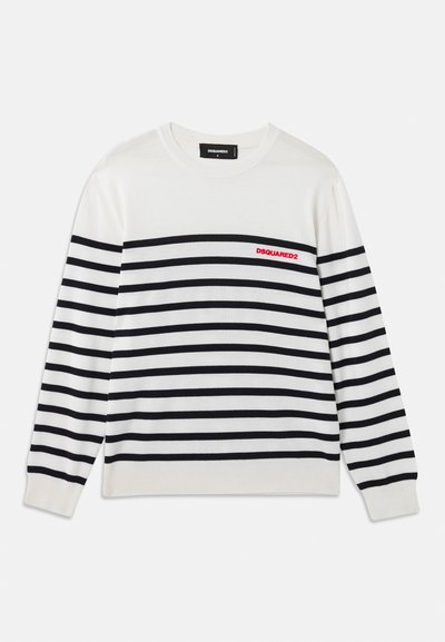White long-sleeve sweater with black horizontal stripes, ribbed cuffs and hem, and red "DSQUARED2" logo on left chest.