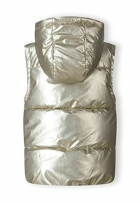 Metallic guld puffer väst med huva. Fodrad design med synlig sömnad och kviltad textur. Ärmlös, bakvy.
