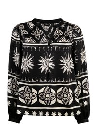 Schwarze Bluse mit einem gemusterten Design aus weißen Blumen- und Sonnenmotiven. Lange Ärmel mit gerafften Manschetten und V-Ausschnitt.