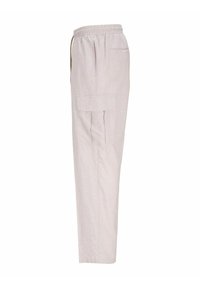 Helle beige Cargo-Hosen mit einem elastischen Bund, Kordelzug, Seitentaschen und einer einzelnen Gesäßtasche, gefertigt aus einem weichen, strukturierten Stoff.
