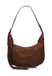 Sac à épaule en cuir marron au design incurvé, agrémenté de clous métalliques et d'un pompon. Il possède une fermeture éclair et une seule sangle.
