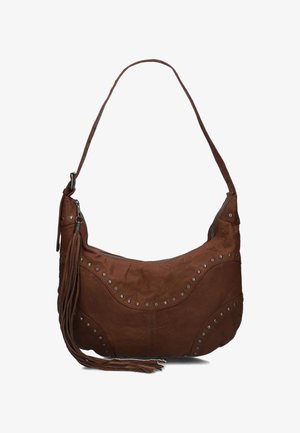 Sac à épaule en cuir marron au design incurvé, agrémenté de clous métalliques et d'un pompon. Il possède une fermeture éclair et une seule sangle.