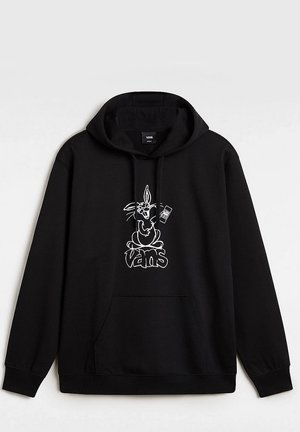 Black hoodie made of cotton blend fabric, featuring a white cartoon rabbit graphic and "Vans" logo on the front pocket. Drawstring hood included.