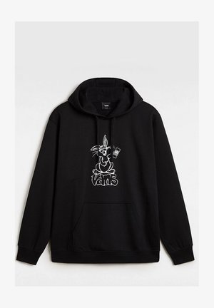 Black hoodie made of cotton blend fabric, featuring a white cartoon rabbit graphic and "Vans" logo on the front pocket. Drawstring hood included.