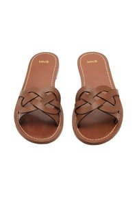 Brown leather slide sandals with a braided strap design, flat sole, and contrast stitching. Brand name "MNG" imprinted on the insole.