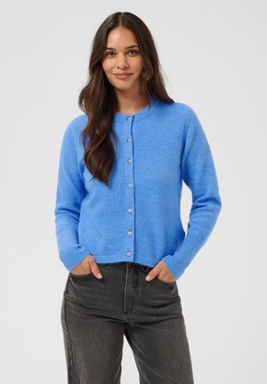Kvinde med langt mørkt hår iført en lyseblå knappet cardigan og mørkegrå jeans, der står med hænderne i lommerne mod en ensfarvet baggrund.