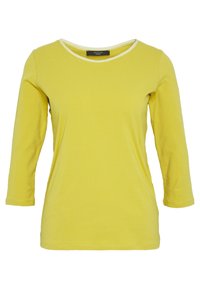 Langarm, leuchtend gelbes T-Shirt aus Baumwolle. Verfügt über einen runden Ausschnitt mit kontrastierendem Saum. Weiche Textur und taillierte Form.