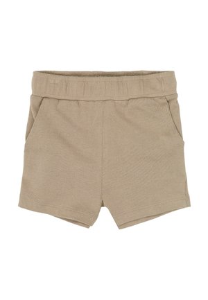 Beżowe szorty do kolan wykonane z miękkiego materiału, z teksturowaną powierzchnią, elastycznym pasem i dwoma bocznymi kieszeniami.