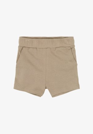 Pantalones cortos beige hasta la rodilla hechos de tela suave, con una superficie texturizada, cintura elástica y dos bolsillos laterales.