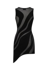 Sleeveless black mini dress with sheer fabric and curved abstract patterns, featuring an asymmetrical hemline.