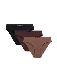 Trzy pary majtek w kolorach czarnym, ciemny burgund i brązowym. Wykonane z miękkiej tkaniny o gładkiej fakturze. Każda posiada elastyczny pas z napisem "ATLANTIC".