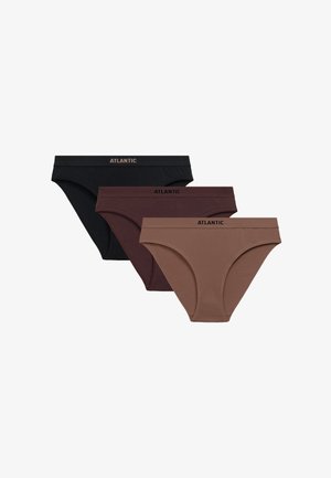Trzy pary majtek w kolorach czarnym, ciemny burgund i brązowym. Wykonane z miękkiej tkaniny o gładkiej fakturze. Każda posiada elastyczny pas z napisem "ATLANTIC".