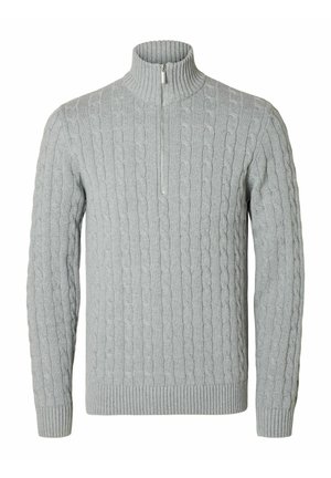 Gray knit sweater with a high collar and half-zipper. Features a cable pattern throughout and ribbed cuffs and hem. Made from soft, textured fabric.