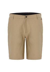 Beige Shorts mit flachem Frontdesign, Reißverschluss und Knopfverschluss. Hergestellt aus glattem Stoff mit seitlichen Taschen und dezenten Stichdetails.