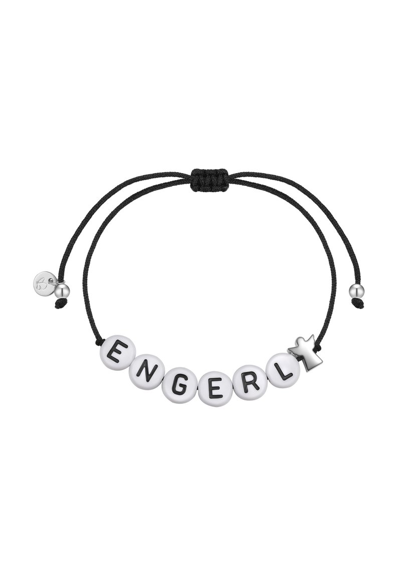 Pulsera ajustable con cuentas blancas y letras negras formando la palabra "ENGERLY" y un charm de ángel plateado, ensartada en un cordón negro.